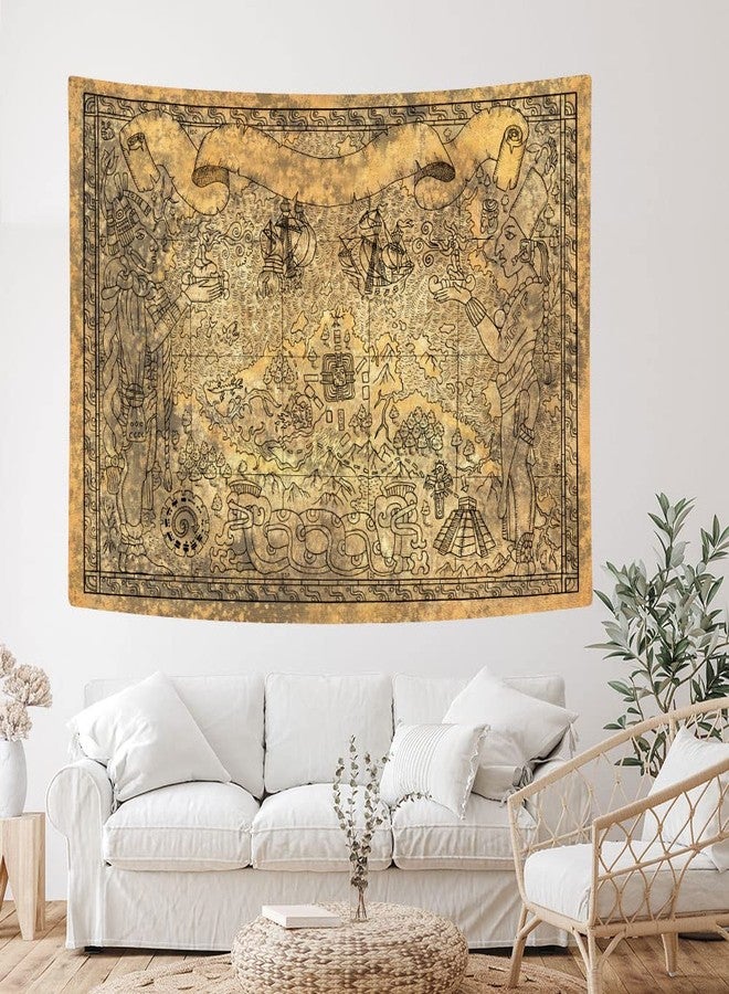 Wathon Ancient Mayan Civilization Tapestry - Vintage Aztec Map With Gods, Old Ships, Temple, Brown Symbols - Wall Hanging for Bedroom, Living Room, Dorm - Home Decor Mandala - 60X40 - Image 3